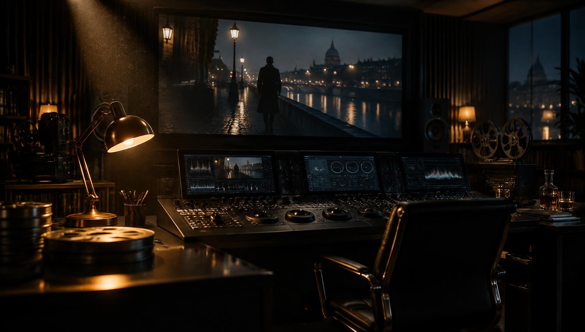 A darkened film post-production suite, a brass lamp lighting an ink-black mixing desk