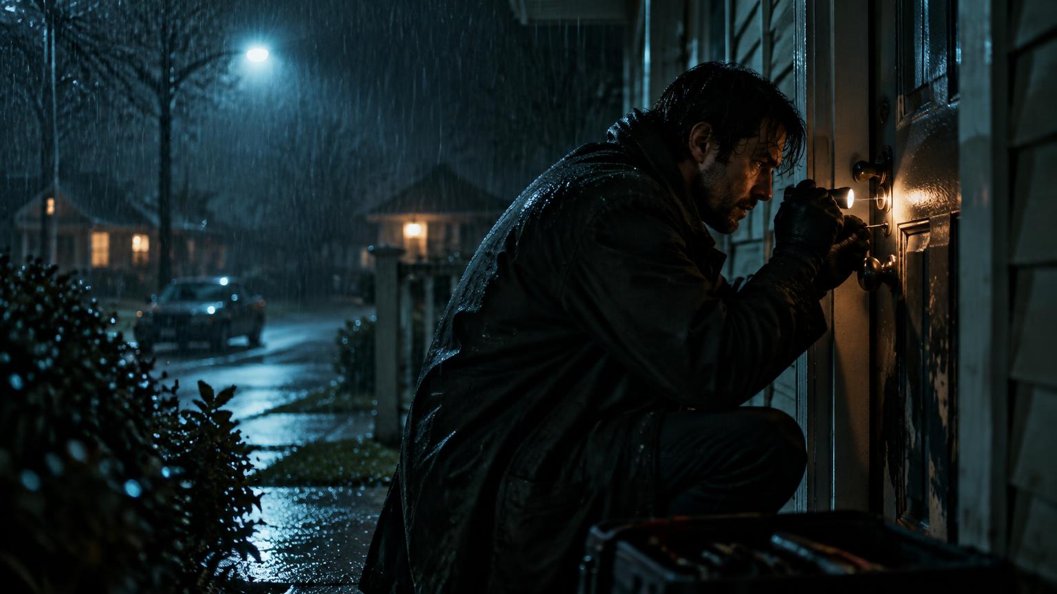 Concept still from the sample project: a locksmith at a suburban door in heavy rain at night